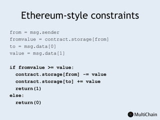 Ethereum-style constraints
from = msg.sender
fromvalue = contract.storage[from]
to = msg.data[0]
value = msg.data[1]
if fromvalue >= value:
contract.storage[from] -= value
contract.storage[to] += value
return(1)
else:
return(0)
 