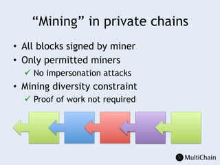 “Mining” in private chains
•  All blocks signed by miner
•  Only permitted miners
ü  No impersonation attacks
•  Mining diversity constraint
ü  Proof of work not required
 