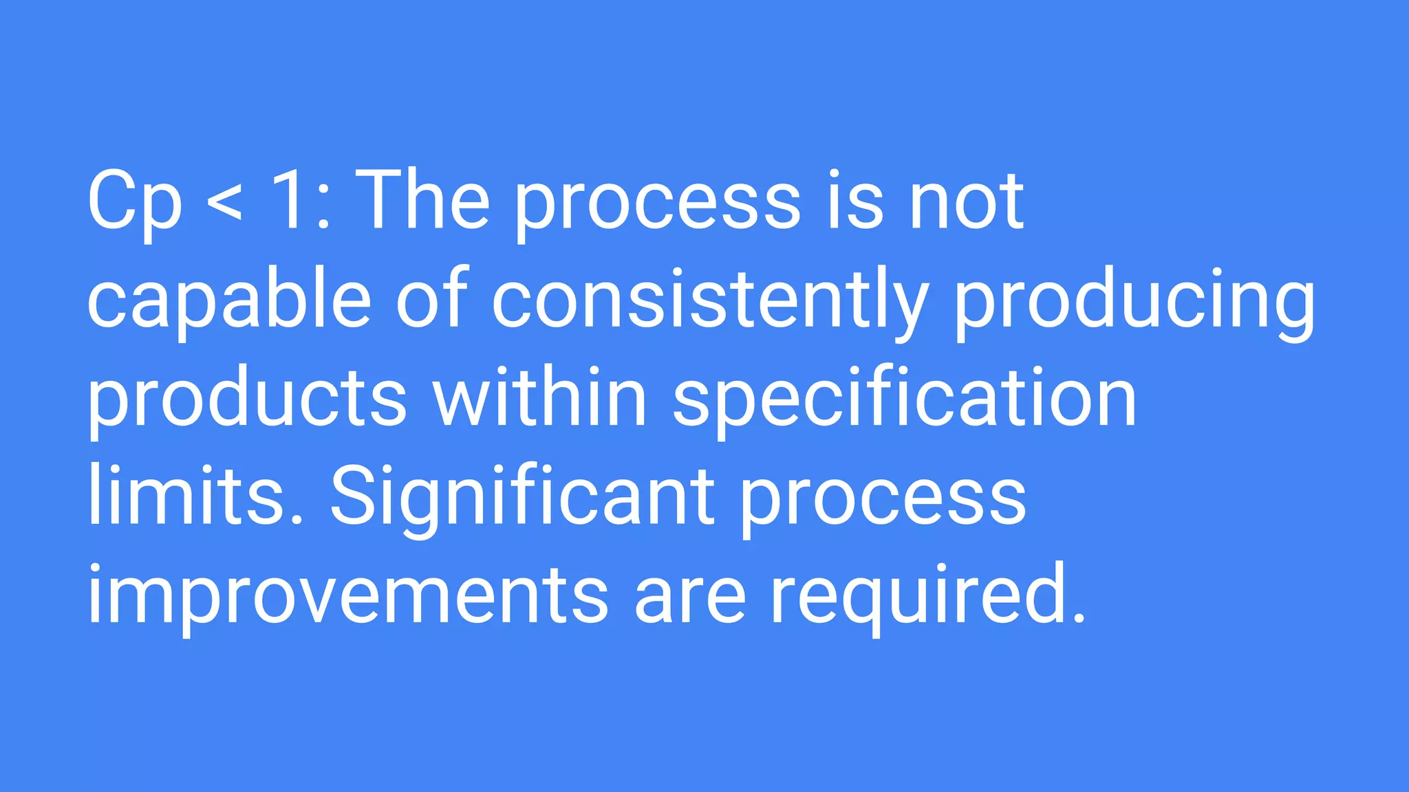 Cp < 1: The process is not
capable of consistently producing
products within specification
limits. Significant process
improvements are required.
 