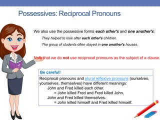 Possessives: Reciprocal Pronouns
We also use the possessive forms each other's and one another's:
They helped to look after each other's children.
The group of students often stayed in one another's houses.
Note that we do not use reciprocal pronouns as the subject of a clause.
Be careful!
Reciprocal pronouns and plural reflexive pronouns (ourselves,
yourselves, themselves) have different meanings:
John and Fred killed each other.
= John killed Fred and Fred killed John.
John and Fred killed themselves.
= John killed himself and Fred killed himself.
 