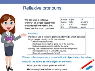 Reflexive pronouns
amuse
blame
cut
dry
enjoy
help
hurt
introduce
kill
prepare
satisfy
teach
We can use a reflexive
pronoun as direct object with
most transitive verbs, but
these are the most common:
Be careful!
We do not use a reflexive pronoun after verbs which describe
things people usually do for themselves:
He washed in cold water.
He always shaved before going out in the evening.
Michael dressed and got ready for the party.
We only use reflexives with these verbs for emphasis:
He dressed himself in spite of his injuries.
She’s old enough to wash herself.
We use reflexive pronouns as an indirect object when the indirect
object is the same as the subject of the verb:
Would you like to pour yourself a drink?
We’ve brought ourselves something to eat.
 