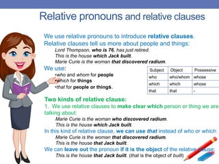 Relative pronouns and relative clauses
We use relative pronouns to introduce relative clauses.
Relative clauses tell us more about people and things:
Lord Thompson, who is 76, has just retired.
This is the house which Jack built.
Marie Curie is the woman that discovered radium.
We use:
•who and whom for people
•which for things
•that for people or things.
Subject Object Possessive
who who/whom whose
which which whose
that that -
Two kinds of relative clause:
1. We use relative clauses to make clear which person or thing we are
talking about:
Marie Curie is the woman who discovered radium.
This is the house which Jack built.
In this kind of relative clause, we can use that instead of who or which:
Marie Curie is the woman that discovered radium.
This is the house that Jack built.
We can leave out the pronoun if it is the object of the relative clause:
This is the house that Jack built. (that is the object of built)
 