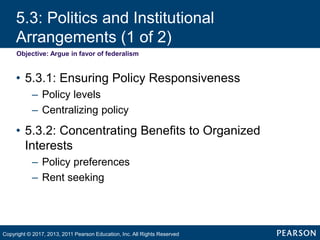 5.3: Politics and Institutional
Arrangements (1 of 2)
Objective: Argue in favor of federalism
• 5.3.1: Ensuring Policy Responsiveness
– Policy levels
– Centralizing policy
• 5.3.2: Concentrating Benefits to Organized
Interests
– Policy preferences
– Rent seeking
Copyright © 2017, 2013, 2011 Pearson Education, Inc. All Rights Reserved
 