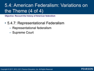 5.4: American Federalism: Variations on
the Theme (4 of 4)
Objective: Recount the history of American federalism
• 5.4.7: Representational Federalism
– Representational federalism
– Supreme Court
Copyright © 2017, 2013, 2011 Pearson Education, Inc. All Rights Reserved
 