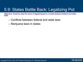 5.9: States Battle Back: Legalizing Pot
Objective: Examine why the issue of legalizing pot is a tussle between federal and state
laws
– Conflicts between federal and state laws
– Marijuana laws in states
Copyright © 2017, 2013, 2011 Pearson Education, Inc. All Rights Reserved
 