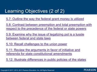 Learning Objectives (2 of 2)
• 5.7: Outline the way the federal grant money is utilized
• 5.8: Contrast between preemption and total preemption with
respect to the precedence of the federal or state powers
• 5.9: Examine why the issue of legalizing pot is a tussle
between federal and state laws
• 5.10: Recall challenges to the union power
• 5.11: Review the arguments in favor of initiative and
referenda for state constitutional amendments
• 5.12: Illustrate differences in public policies of the states
Copyright © 2017, 2013, 2011 Pearson Education, Inc. All Rights Reserved
 