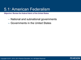 5.1: American Federalism
Objective: Review the federal fabric of the United States
– National and subnational governments
– Governments in the United States
Copyright © 2017, 2013, 2011 Pearson Education, Inc. All Rights Reserved
 