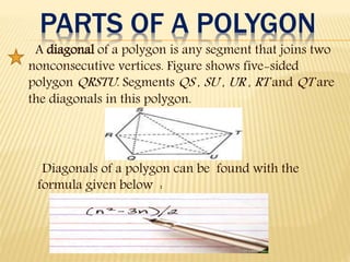 PARTS OF A POLYGON
A diagonal of a polygon is any segment that joins two
nonconsecutive vertices. Figure shows five-sided
polygon QRSTU. Segments QS , SU , UR , RT and QT are
the diagonals in this polygon.
Diagonals of a polygon can be found with the
formula given below :
 