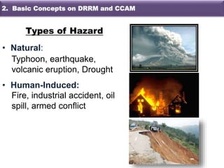 • Natural:
• Human-Induced:
Typhoon, earthquake,
volcanic eruption, Drought
Fire, industrial accident, oil
spill, armed conflict
Types of Hazard
2. Basic Concepts on DRRM and CCAM
 