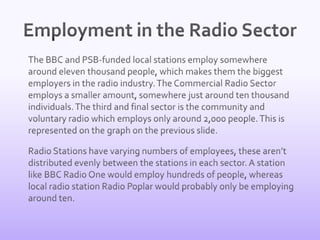 Employment in the Radio Sector	The BBC and PSB-funded local stations employ somewhere around eleven thousand people, which makes them the biggest employers in the radio industry. The Commercial Radio Sector employs a smaller amount, somewhere just around ten thousand individuals. The third and final sector is the community and voluntary radio which employs only around 2,000 people. This is represented on the graph on the previous slide. 	Radio Stations have varying numbers of employees, these aren’t distributed evenly between the stations in each sector. A station like BBC Radio One would employ hundreds of people, whereas local radio station Radio Poplar would probably only be employing around ten. 