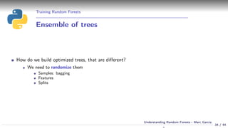 Training Random Forests
Ensemble of trees
How do we build optimized trees, that are diﬀerent?
We need to randomize them
Samples: bagging
Features
Splits
34 / 44
Understanding Random Forests - Marc Garcia
 