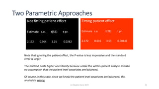 Two Parametric Approaches
Not fitting patient effect
Estimate s.e. t(56) t pr.
2.172 0.964 2.25 0.0282
Fitting patient effect
Estimate s.e. t(28) t pr
.
2.172 0.616 3.53 0.00147
(c) Stephen Senn 2019
Note that ignoring the patient effect, the P-value is less impressive and the standard
error is larger
The method posts higher uncertainty because unlike the within-patient analysis it make
no assumption that the patient level covariates are balanced.
Of course, in this case, since we know the patient level covariates are balanced, this
analysis is wrong
25
 