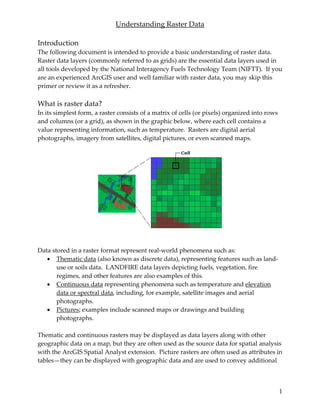 Understanding Raster Data 

Introduction 
The following document is intended to provide a basic understanding of raster data.  
Raster data layers (commonly referred to as grids) are the essential data layers used in 
all tools developed by the National Interagency Fuels Technology Team (NIFTT).  If you 
are an experienced ArcGIS user and well familiar with raster data, you may skip this 
primer or review it as a refresher.  
 
What is raster data? 
In its simplest form, a raster consists of a matrix of cells (or pixels) organized into rows 
and columns (or a grid), as shown in the graphic below, where each cell contains a 
value representing information, such as temperature.  Rasters are digital aerial 
photographs, imagery from satellites, digital pictures, or even scanned maps.  
                                                




                                                                        
                                                
 
Data stored in a raster format represent real‐world phenomena such as: 
   • Thematic data (also known as discrete data), representing features such as land‐
       use or soils data.  LANDFIRE data layers depicting fuels, vegetation, fire 
       regimes, and other features are also examples of this. 
   • Continuous data representing phenomena such as temperature and elevation 
       data or spectral data, including, for example, satellite images and aerial 
       photographs. 
   • Pictures; examples include scanned maps or drawings and building 
       photographs. 
 
Thematic and continuous rasters may be displayed as data layers along with other 
geographic data on a map, but they are often used as the source data for spatial analysis 
with the ArcGIS Spatial Analyst extension.  Picture rasters are often used as attributes in 
tables—they can be displayed with geographic data and are used to convey additional 



                                                                                            1
 