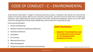 ARMADA GLOBAL TECH PLT
CODE OF CONDUCT : C – ENVIRONMENTAL
Environmental responsibility is integral to producing world-class products. Participants shall identify the environmental
impacts and minimize adverse effects on the community, environment, and natural resources within their manufacturing
operations, while safeguarding the health and safety of the public. Recognized management systems such as ISO 14001
and the Eco Management and Audit System (EMAS) were used as references in preparing the Code.
Environmental Standards :
1. Permits and Reporting
2. Pollution Prevention and Resource Reduction
3. Hazardous Substances
4. Solid Waste
5. Air Emissions
6. Materials Restrictions
7. Water Management
8. Energy Consumption and Greenhouse Gas Emission
ZERO TOLERENCE;
➢ IMMINENT ENVIRONMENTAL RISK
TO FLOARA AND FAUNA CASUED
BY THE ORGANIZATIONS
BUSINESS ACTIVITIES.
Reference : Responsible Business Alliance Code of Conduct v7.0
 