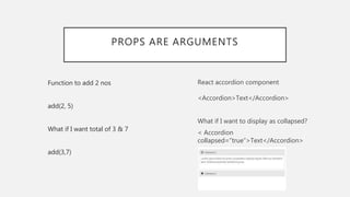 PROPS ARE ARGUMENTS
Function to add 2 nos
add(2, 5)
What if I want total of 3 & 7
add(3,7)
React accordion component
<Accordion>Text</Accordion>
What if I want to display as collapsed?
< Accordion
collapsed=“true”>Text</Accordion>
 