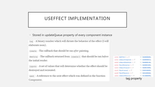 USEFFECT IMPLEMENTATION
• Stored in updateQueue property of every component instance
tag property
 