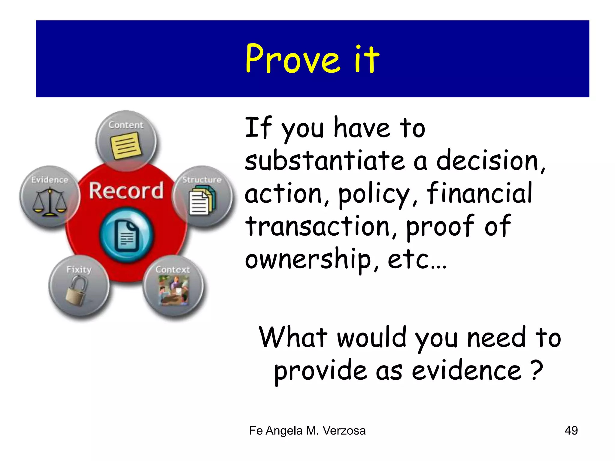 Prove it 
If you have to 
substantiate a decision, 
action, policy, financial 
transaction, proof of 
ownership, etc… 
What would you need to 
provide as evidence ? 
Fe Angela M. Verzosa 49 
 