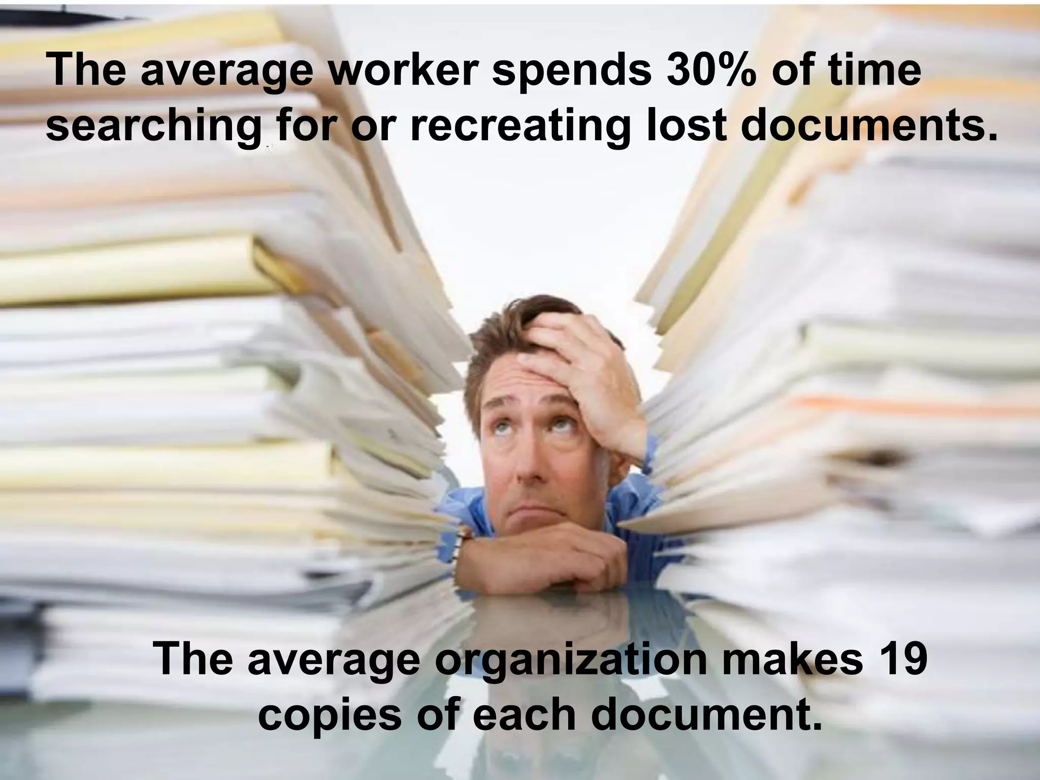 The average worker spends 30% of time 
searching for or recreating lost documents. 
The average organization makes 19 
copies of each document. 
 