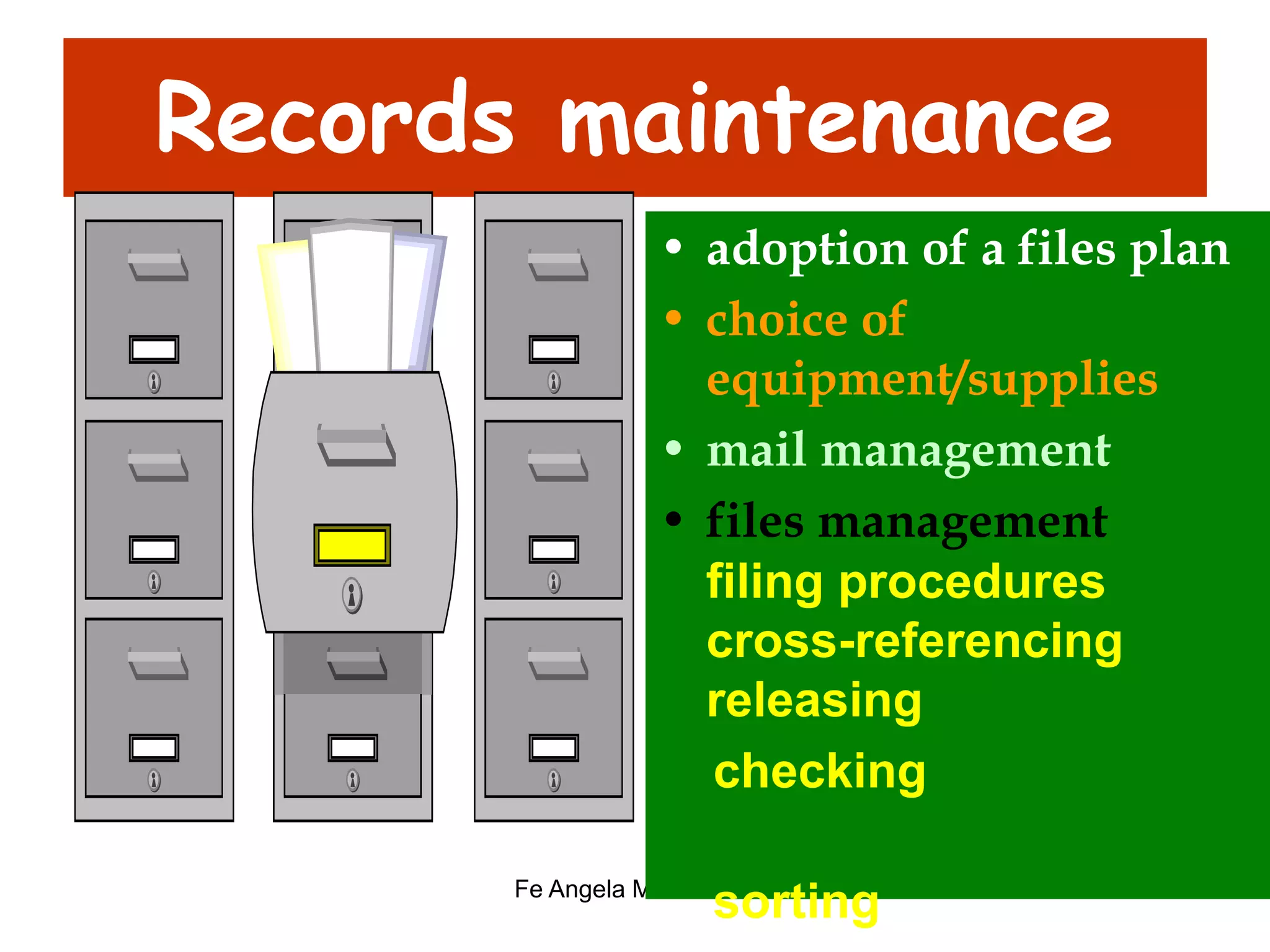 Records maintenance 
• adoption of a files plan 
• choice of 
equipment/supplies 
• mail management 
• files management 
filing procedures 
cross-referencing 
releasing 
checking 
Fe Angela M. Verzosa 52 
sorting 
 