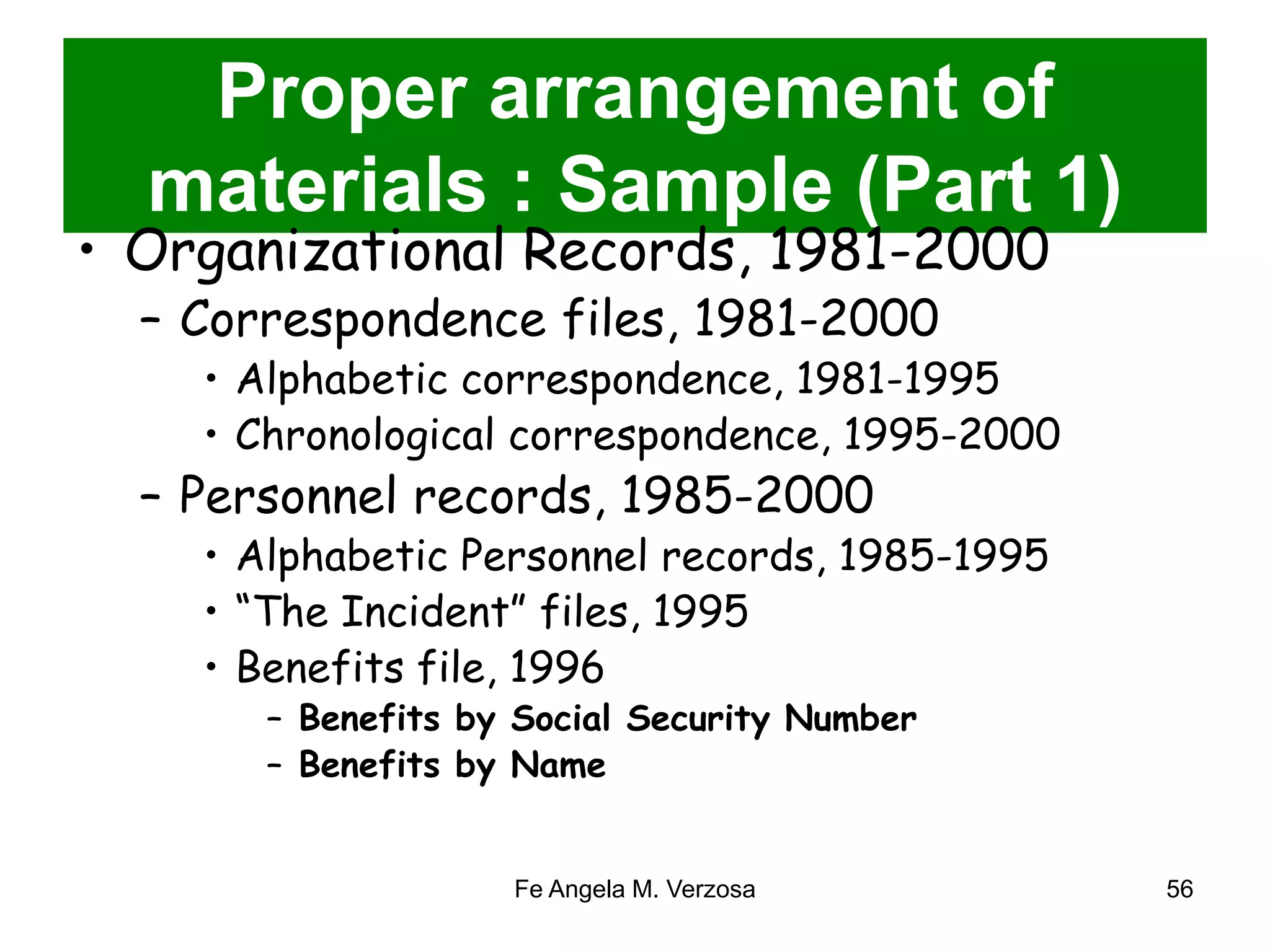 Proper arrangement of 
materials : Sample (Part 1) 
• Organizational Records, 1981-2000 
– Correspondence files, 1981-2000 
• Alphabetic correspondence, 1981-1995 
• Chronological correspondence, 1995-2000 
– Personnel records, 1985-2000 
• Alphabetic Personnel records, 1985-1995 
• “The Incident” files, 1995 
• Benefits file, 1996 
– Benefits by Social Security Number 
– Benefits by Name 
Fe Angela M. Verzosa 56 
 