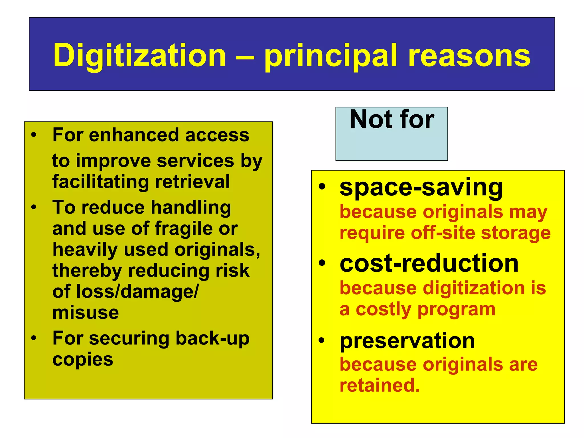 Digitization – principal reasons 
• For enhanced access 
to improve services by 
facilitating retrieval 
• To reduce handling 
and use of fragile or 
heavily used originals, 
thereby reducing risk 
of loss/damage/ 
misuse 
• For securing back-up 
copies 
Not for 
• space-saving 
because originals may 
require off-site storage 
• cost-reduction 
because digitization is 
a costly program 
• preservation 
because originals are 
retained. 
 