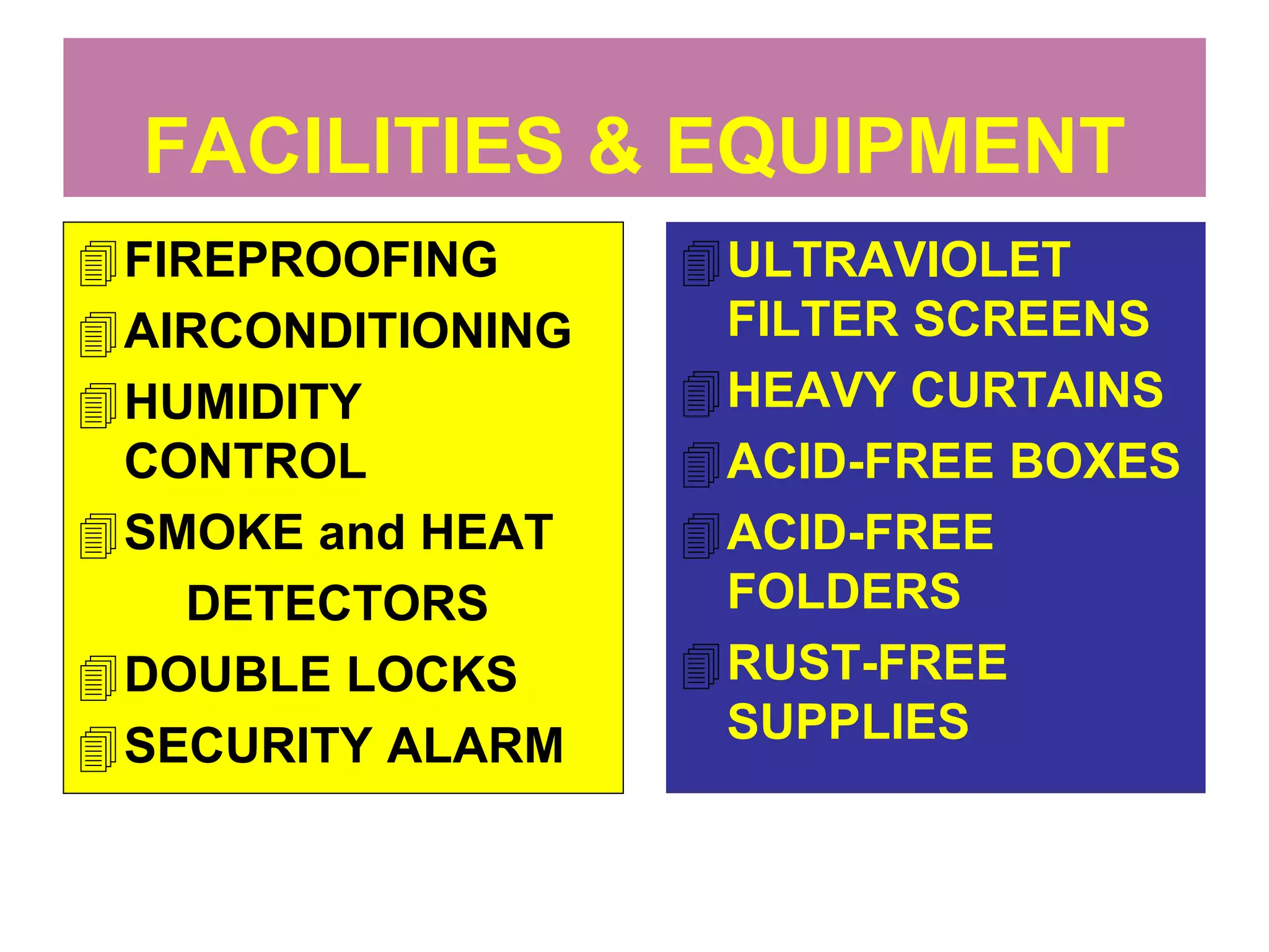 FACILITIES & EQUIPMENT 
FIREPROOFING 
AIRCONDITIONING 
HUMIDITY 
CONTROL 
SMOKE and HEAT 
DETECTORS 
DOUBLE LOCKS 
SECURITY ALARM 
ULTRAVIOLET 
FILTER SCREENS 
HEAVY CURTAINS 
ACID-FREE BOXES 
ACID-FREE 
FOLDERS 
RUST-FREE 
SUPPLIES 
 
