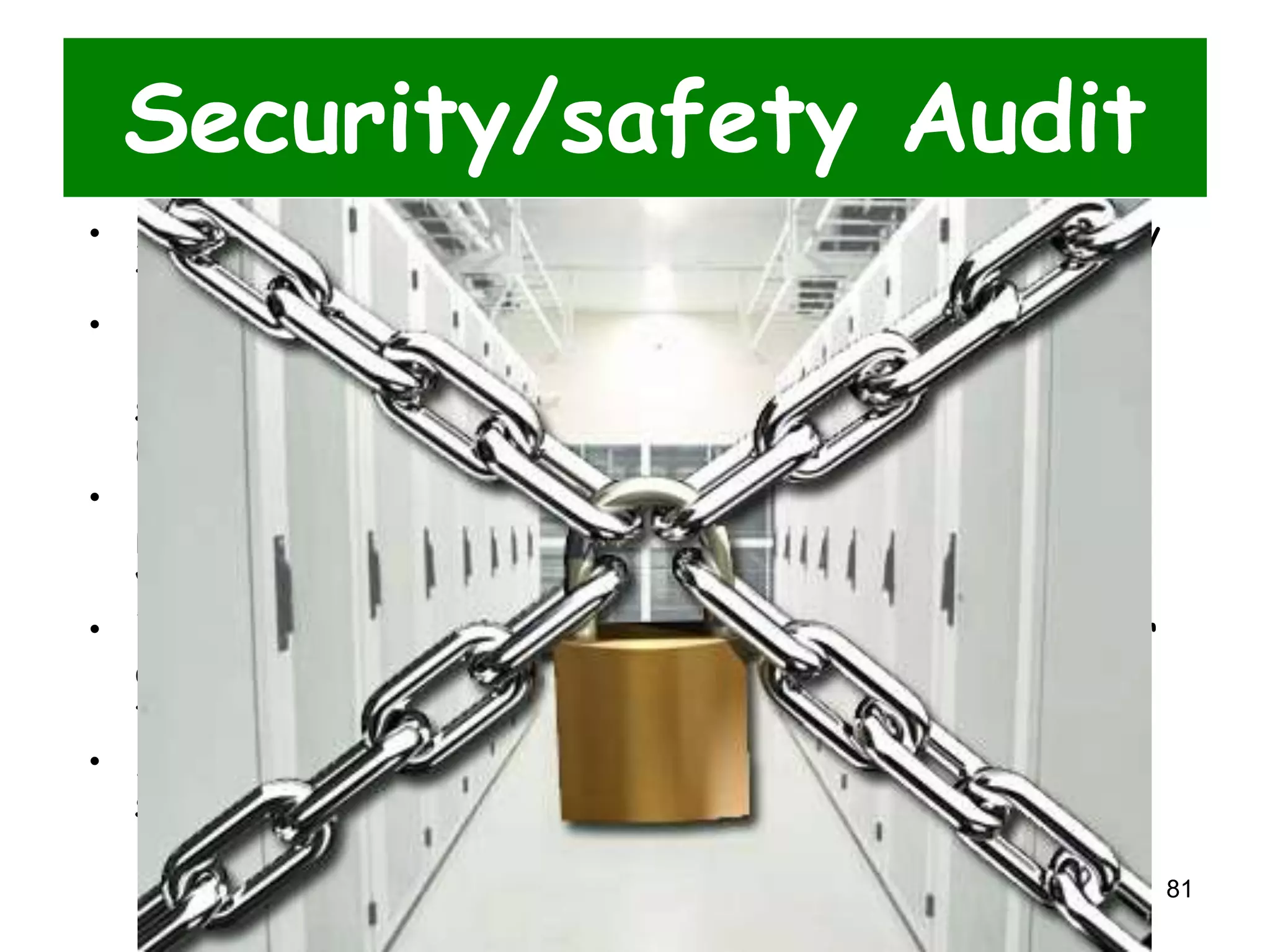 Security/safety Audit 
• Are particularly valuable items marked? Separately 
foldered/boxed? Photocopied? 
• Do you have accession records, or registers I 
indexes, other finding aids, etc. that provide 
sufficient detail to identify if there are missing 
materials? 
• Does insurance policy cover the loss of vital 
records? Reflect the current market value of 
valuable item/s? 
• What is the procedure for the return of records or 
other materials borrowed / removed from their 
folders/boxes? Shelves? 
• Are collections stored in areas near water pipes or 
subject to flooding? 
Fe Angela M. Verzosa 81 
 