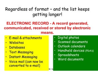 Regardless of format – and the list keeps 
getting longer! 
ELECTRONIC RECORD - A record generated, 
communicated, received or stored by electronic 
means. 
• E-mail & attachments 
• Websites 
• Databases 
• Text Messaging 
• Instant Messaging 
• Voice mail (can now be 
converted to e-mail) 
• Digital photos 
• Scanned documents 
• Outlook calendars 
• Handheld devices (PDA’s) 
• Spreadsheets 
• Word documents 
Fe Angela M. Verzosa 18 
 