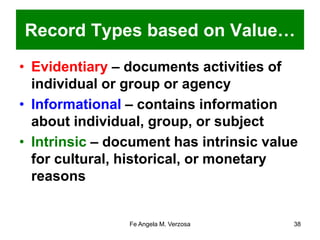 Record Types based on Value… 
• Evidentiary – documents activities of 
individual or group or agency 
• Informational – contains information 
about individual, group, or subject 
• Intrinsic – document has intrinsic value 
for cultural, historical, or monetary 
reasons 
Fe Angela M. Verzosa 38 
 