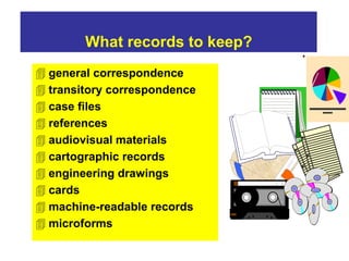 What records to keep? 
 general correspondence 
 transitory correspondence 
 case files 
 references 
 audiovisual materials 
 cartographic records 
 engineering drawings 
 cards 
 machine-readable records 
 microforms 
 