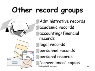 Other record groups 
Administrative records 
academic records 
accounting/financial 
records 
legal records 
personnel records 
personal records 
“convenience” copies 
Fe Angela M. Verzosa 44 
 