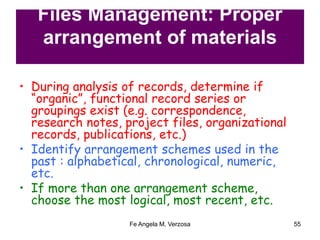 Files Management: Proper 
arrangement of materials 
• During analysis of records, determine if 
“organic”, functional record series or 
groupings exist (e.g. correspondence, 
research notes, project files, organizational 
records, publications, etc.) 
• Identify arrangement schemes used in the 
past : alphabetical, chronological, numeric, 
etc. 
• If more than one arrangement scheme, 
choose the most logical, most recent, etc. 
Fe Angela M. Verzosa 55 
 