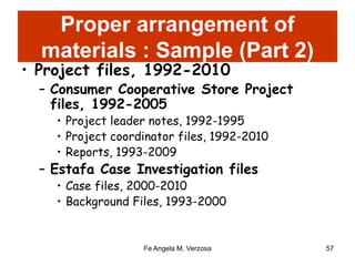 Proper arrangement of 
materials : Sample (Part 2) 
• Project files, 1992-2010 
– Consumer Cooperative Store Project 
files, 1992-2005 
• Project leader notes, 1992-1995 
• Project coordinator files, 1992-2010 
• Reports, 1993-2009 
– Estafa Case Investigation files 
• Case files, 2000-2010 
• Background Files, 1993-2000 
Fe Angela M. Verzosa 57 
 