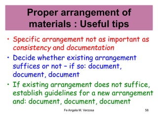 Proper arrangement of 
materials : Useful tips 
• Specific arrangement not as important as 
consistency and documentation 
• Decide whether existing arrangement 
suffices or not – if so: document, 
document, document 
• If existing arrangement does not suffice, 
establish guidelines for a new arrangement 
and: document, document, document 
Fe Angela M. Verzosa 58 
 