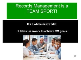 Records Management is a 
TEAM SPORT! 
It’s a whole new world! 
It takes teamwork to achieve RM goals. 
Fe Angela M. Verzosa 89 
 