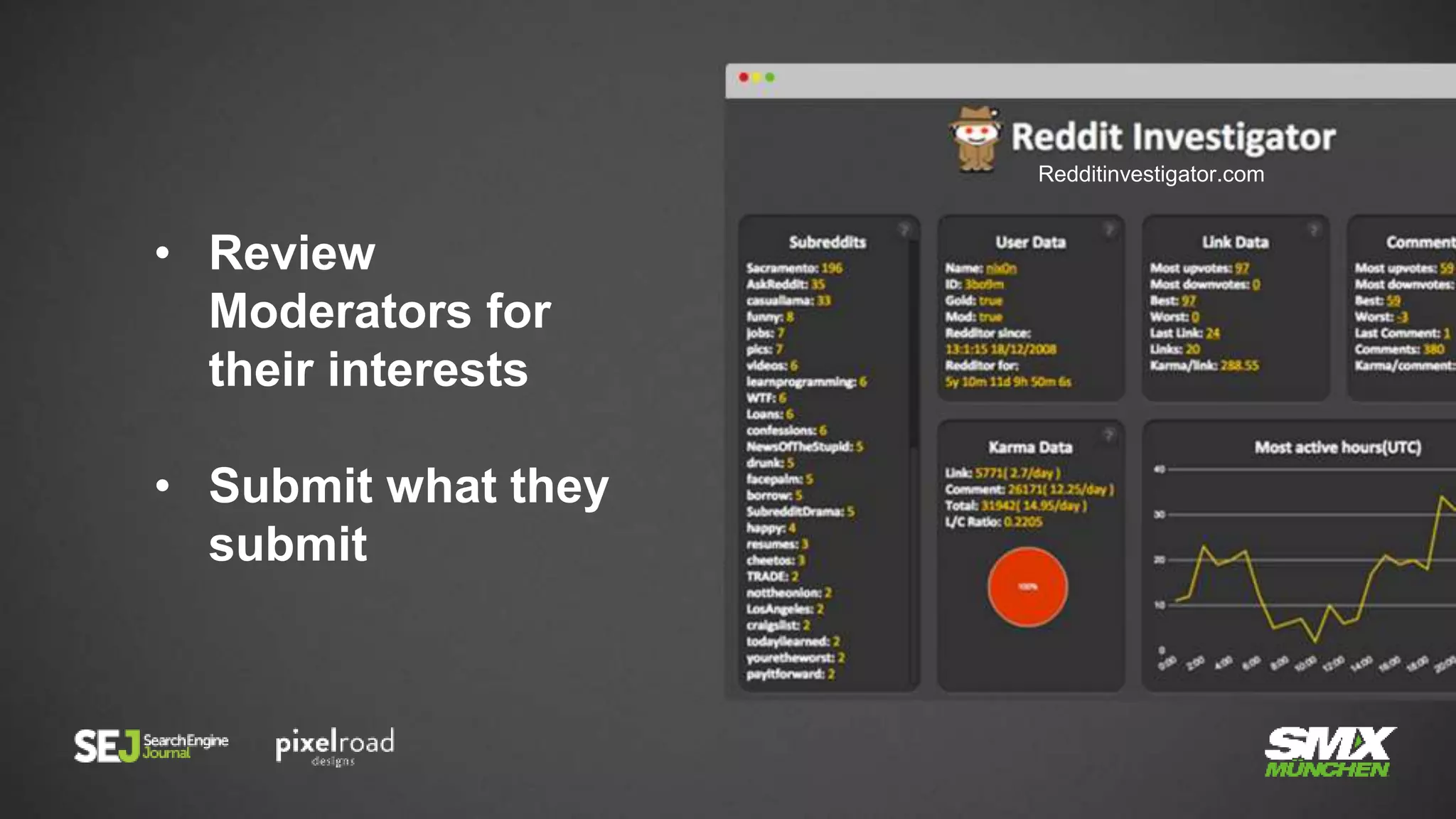 • Review
Moderators for
their interests
• Submit what they
submit
Redditinvestigator.com
 