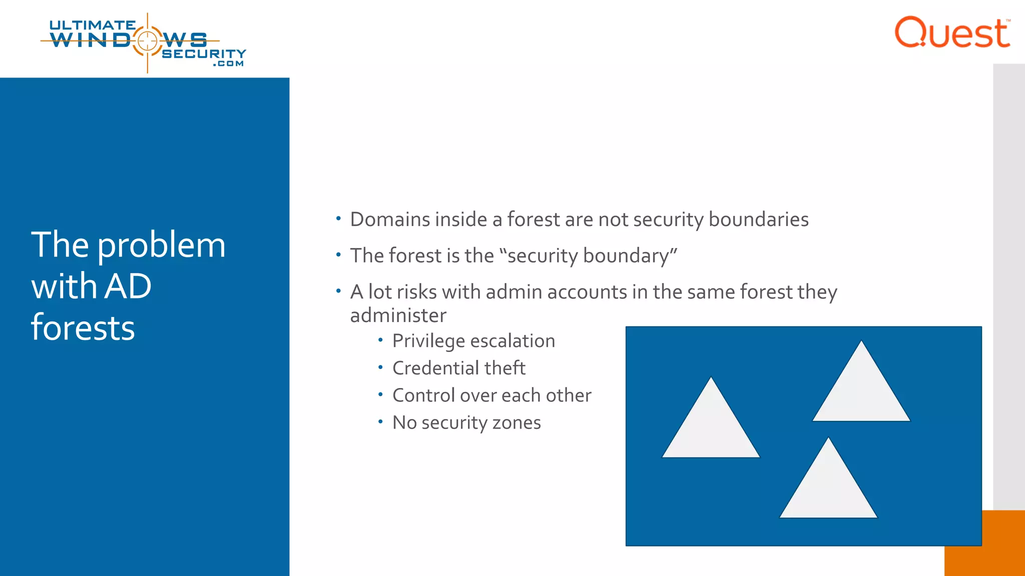 The problem
withAD
forests
 Domains inside a forest are not security boundaries
 The forest is the “security boundary”
 A lot risks with admin accounts in the same forest they
administer
 Privilege escalation
 Credential theft
 Control over each other
 No security zones
 