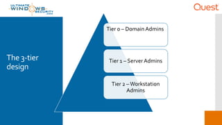 The 3-tier
design
Tier 0 – Domain Admins
Tier 1 – Server Admins
Tier 2 –Workstation
Admins
 
