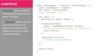 subscribe() takes a callback
function as an argument and
saves it for later.
In dispatch(), after we get the
new state from the root
reducer, we’ll execute the
callback functions for each
of our subscribers.
const createStore = (reducer, initialState) => {
const rootReducer = reducer;
let state = initialState;
const listeners = [];
let store = {
getState(){ return state; },
dispatch(action){
state = rootReducer(state, action);
listeners.forEach(listener => listener());
return action;
},
subscribe(callback){
listeners.push(callback);
}
};
return store;
};
createStore()
 