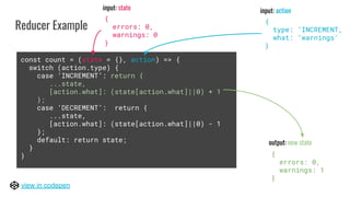 Reducer Example
const count = (state = {}, action) => {
switch (action.type) {
case ‘INCREMENT’: return {
...state,
[action.what]: (state[action.what]||0) + 1
};
case ‘DECREMENT’: return {
...state,
[action.what]: (state[action.what]||0) - 1
};
default: return state;
}
}
{
errors: 0,
warnings: 0
}
{
type: ‘INCREMENT,
what: ‘warnings’
}
{
errors: 0,
warnings: 1
}
input: state input: action
output: new state
view in codepen
 