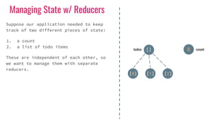 Managing State w/ Reducers
todos count[] 0
[0] [1] [2]
Suppose our application needed to keep
track of two different pieces of state:
1. a count
2. a list of todo items
These are independent of each other, so
we want to manage them with separate
reducers.
 