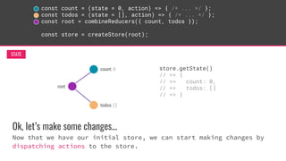 const count = (state = 0, action) => { /* ... */ };
const todos = (state = [], action) => { /* ... */ };
const root = combineReducers({ count, todos });
const store = createStore(root);
count: 0
todos: [ ]
root
STATE
Ok, let’s make some changes...
Now that we have our initial store, we can start making changes by
dispatching actions to the store.
store.getState()
// => {
// => count: 0,
// => todos: []
// => }
 
