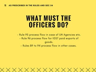 WHAT MUST THE
OFFICERS DO?
- Rule 95 process flow in case of UN Agencies etc.
- Rule 96 process flow for IGST paid exports of
goods.
- Rules 89 to 94 process flow in other cases. 
AS PRESCRIBED IN THE RULES AND SEC 5416
 