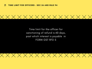 Time limit for the officer for
sanctioning of refund is 60 days,
post which interest is payable  in
FORM GST RFD 5
TIME LIMIT FOR OFFICERS - SEC 56 AND RULE 9421
 