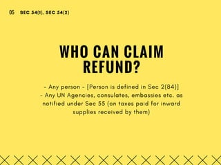 WHO CAN CLAIM
REFUND?
- Any person - [Person is defined in Sec 2(84)]
- Any UN Agencies, consulates, embassies etc. as
notified under Sec 55 (on taxes paid for inward
supplies received by them)
SEC 54(1), SEC 54(2)05
 