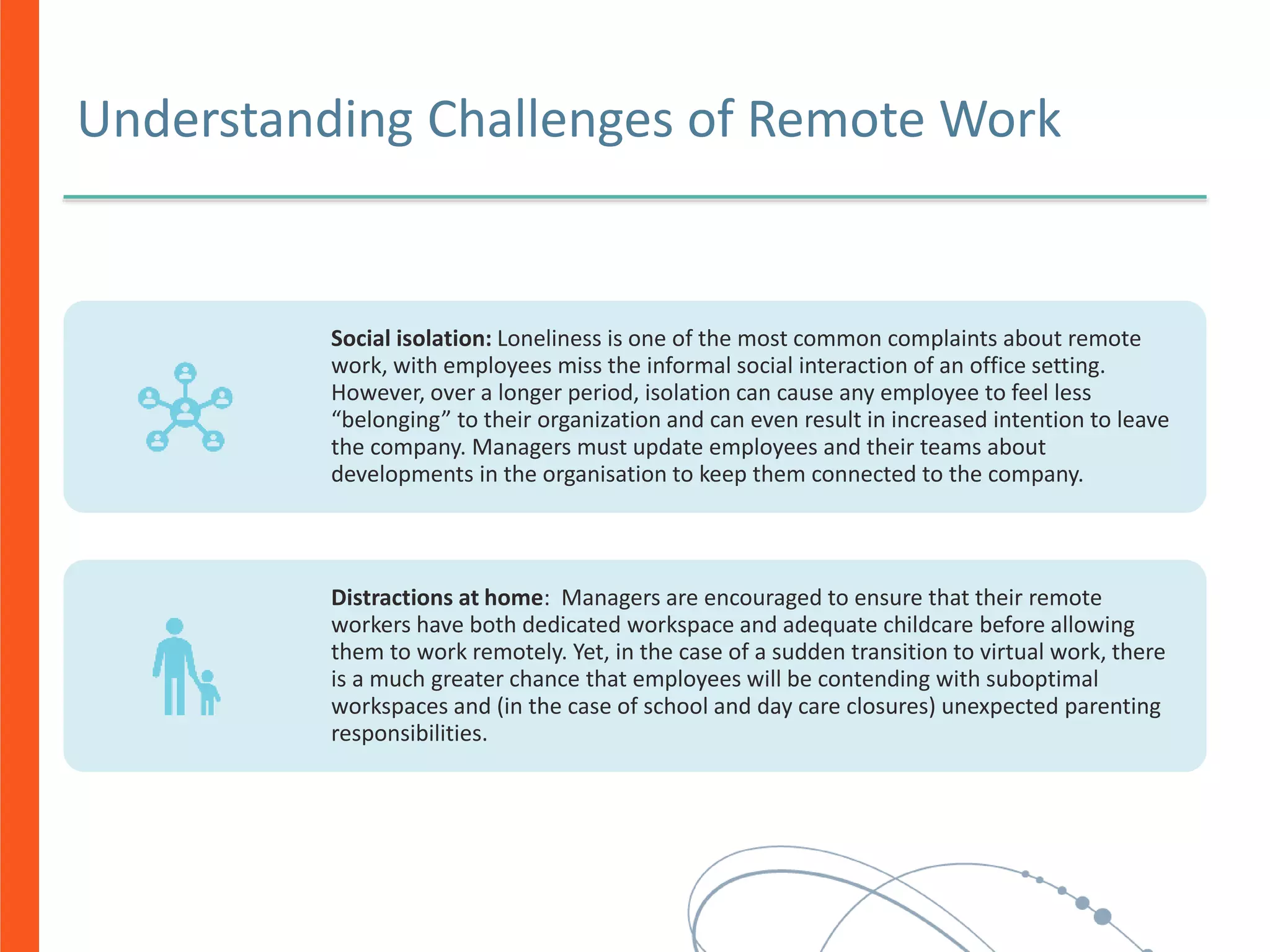 Understanding Challenges of Remote Work
Social isolation: Loneliness is one of the most common complaints about remote
work, with employees miss the informal social interaction of an office setting.
However, over a longer period, isolation can cause any employee to feel less
“belonging” to their organization and can even result in increased intention to leave
the company. Managers must update employees and their teams about
developments in the organisation to keep them connected to the company.
Distractions at home: Managers are encouraged to ensure that their remote
workers have both dedicated workspace and adequate childcare before allowing
them to work remotely. Yet, in the case of a sudden transition to virtual work, there
is a much greater chance that employees will be contending with suboptimal
workspaces and (in the case of school and day care closures) unexpected parenting
responsibilities.
 