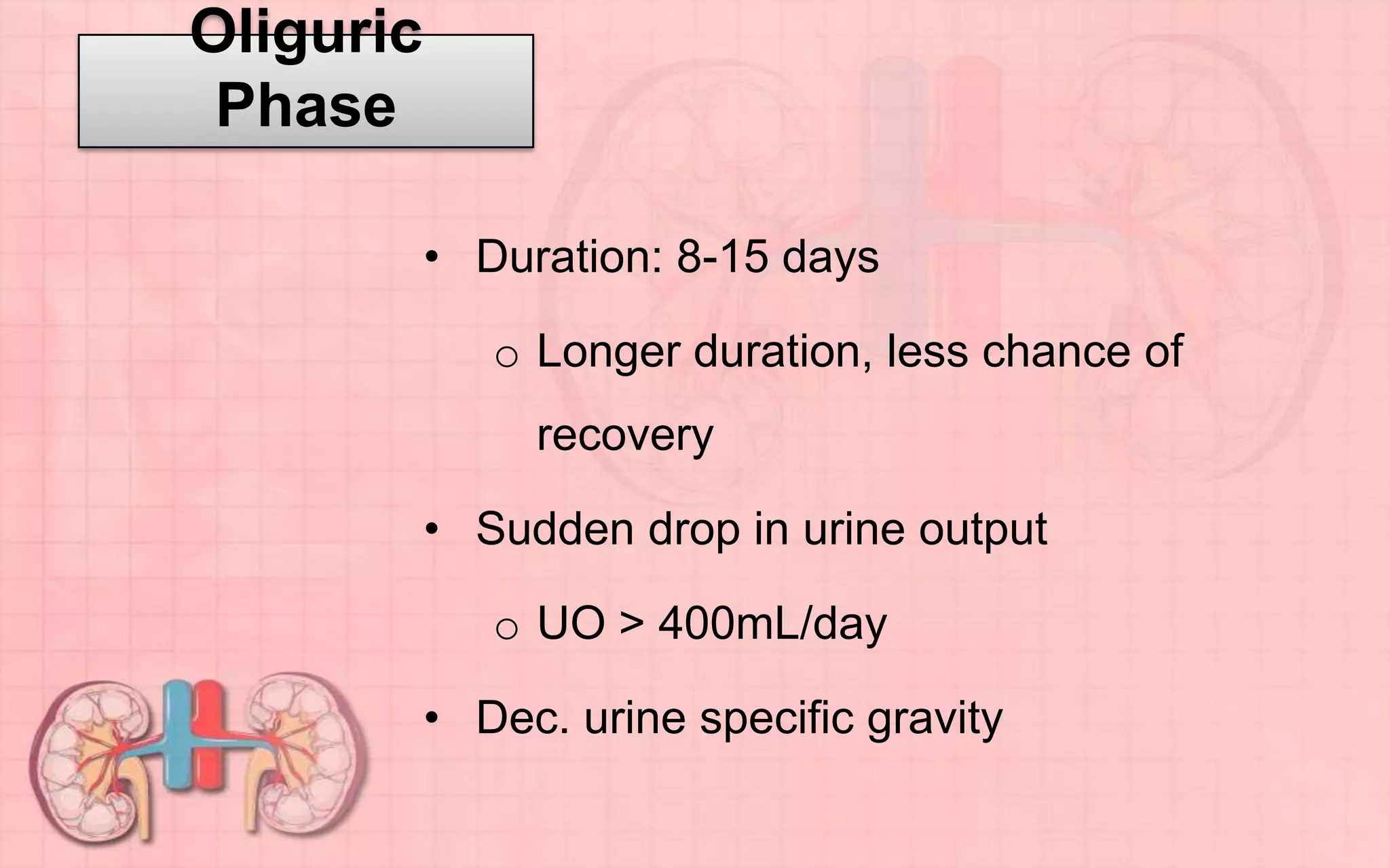 Oliguric
Phase
• Duration: 8-15 days
o Longer duration, less chance of
recovery
• Sudden drop in urine output
o UO > 400mL/day
• Dec. urine specific gravity
 