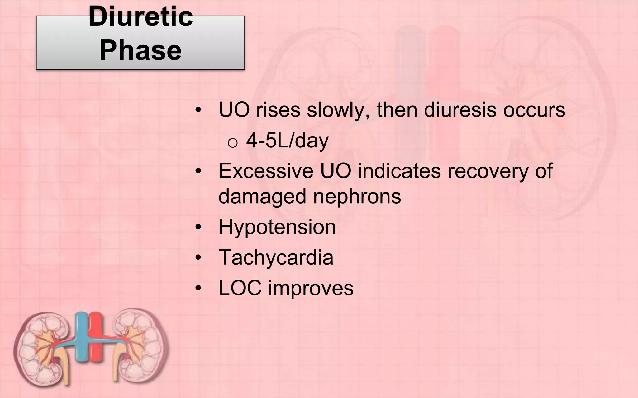 • UO rises slowly, then diuresis occurs
o 4-5L/day
• Excessive UO indicates recovery of
damaged nephrons
• Hypotension
• Tachycardia
• LOC improves
Diuretic
Phase
 