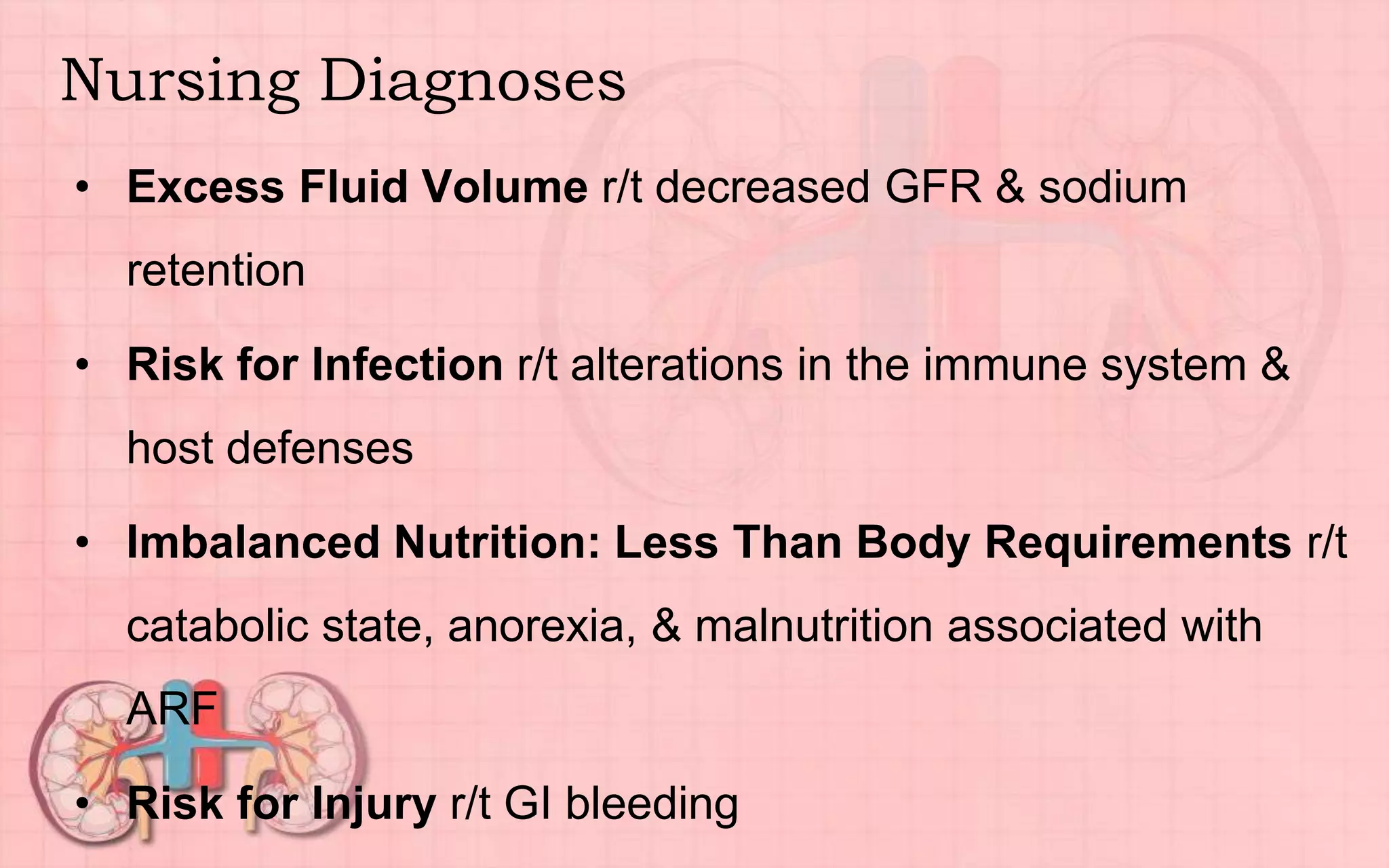 Nursing Diagnoses
• Excess Fluid Volume r/t decreased GFR & sodium
retention
• Risk for Infection r/t alterations in the immune system &
host defenses
• Imbalanced Nutrition: Less Than Body Requirements r/t
catabolic state, anorexia, & malnutrition associated with
ARF
• Risk for Injury r/t GI bleeding
 