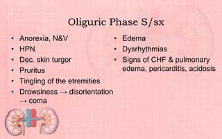 Oliguric Phase S/sx
• Anorexia, N&V
• HPN
• Dec. skin turgor
• Pruritus
• Tingling of the etremities
• Drowsiness → disorientation
→ coma
• Edema
• Dysrhythmias
• Signs of CHF & pulmonary
edema, pericarditis, acidosis
 